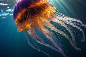 ai generato un' Medusa nuoto nel il oceano con luce del sole splendente attraverso foto