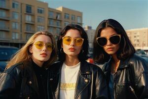 ai generato tre donne indossare giallo occhiali da sole in piedi nel un' campo foto