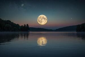 ai generato un' pieno Luna è visto al di sopra di un' lago a notte foto