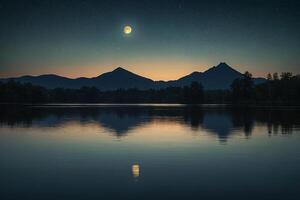 ai generato un' pieno Luna è visto al di sopra di un' lago a notte foto