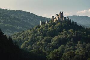 ai generato il castello è illuminato su a notte nel il foresta foto