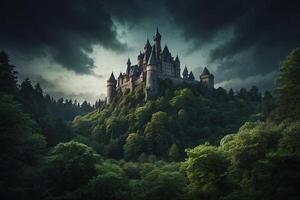 ai generato il castello è illuminato su a notte nel il foresta foto