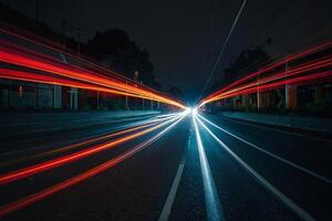 ai generato un' lungo esposizione fotografia di un' auto guida su un' strada a notte foto