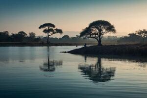 ai generato un' solitario albero è in piedi su un' piccolo isola nel il mezzo di un' lago foto