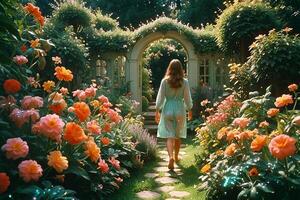 ai generato un' donna a piedi attraverso un' giardino con fiori foto