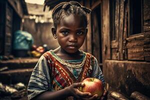 poco nero ragazza con mela, povertà concetto foto