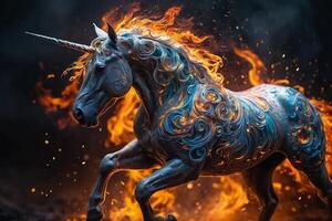 un' cavallo con fuoco su suo criniera in esecuzione attraverso il aria foto