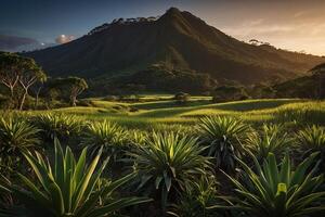 il sole imposta al di sopra di il montagne e vegetazione foto