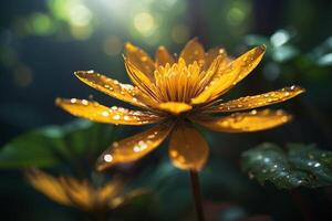 un' giallo fiore con acqua goccioline su esso foto