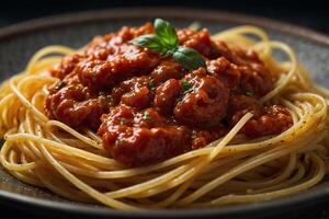 spaghetti con pomodoro salsa e basilico foto