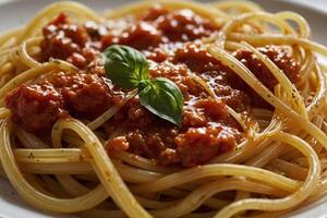 spaghetti con pomodoro salsa e basilico foto