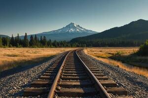 Ferrovia brani principale per un' montagna con un' fiume nel il sfondo foto