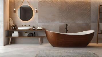 lussuoso e sereno bagno oasi con moderno design elementi e calmante ambiance foto