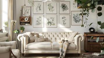 accogliente e raffinato d'ispirazione vintage vivente camera con parete arredamento e naturale tocchi foto