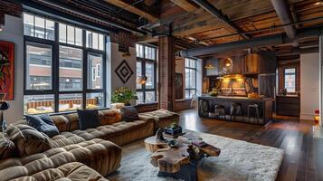 accogliente e elegante stile industriale soffitta appartamento con esposto mattone muri e rustico di legno travi foto