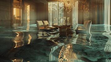 elegante lusso interno con allagato ornato cristallo lampadario e opulento mobilia ambientazione foto