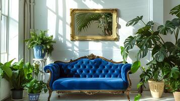 elegante e lussuoso interno vivente spazio con lussureggiante tropicale impianti e ornato Vintage ▾ arredamento la creazione di un' sereno e invitante ambiance foto