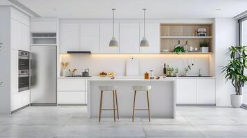 elegante e funzionale moderno cucina con elegante mobili e ampio spazio di lavoro foto