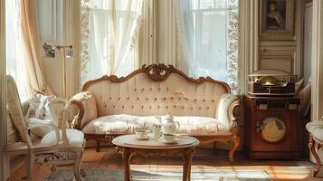 accogliente e elegante in stile vittoriano vivente camera con antico mobilia e arredamento foto