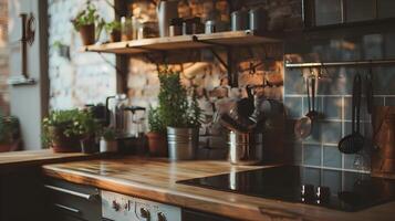 accogliente e invitante rustico cucina con di legno scaffali e assortito cucinando essenziali foto