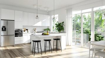 luminosa e moderno concetto aperto cucina e vivente la zona nel un' lussuoso Residenziale casa con grande finestre,naturali verde, e fascia alta elettrodomestici foto