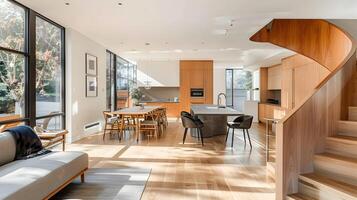elegante e luminosa Aperto concetto casa con caldo legna toni e minimalista design,caratteristica un' spazioso cucina, sala da pranzo e vivente la zona con confortevole foto