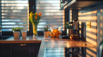 accogliente e invitante cucina interno con caldo illuminazione e naturale arredamento elementi foto