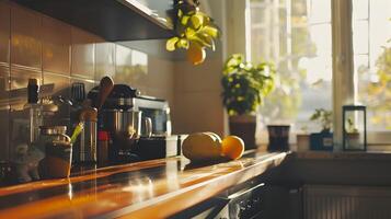 luminosa e accogliente moderno cucina con illuminata dal sole contatore e cucinando Accessori foto