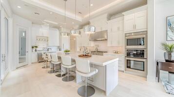 elegante e spazioso moderno cucina nel lussuoso casa interno con elegante mobili, elettrodomestici e marmo controsoffitti foto