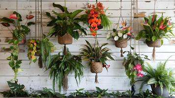 vivace interno verticale giardino con sospeso in vaso impianti e floreale arredamento adornare un' moderno bianca parete per un' accogliente e naturale casa ambiance foto