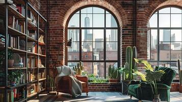accogliente soffitta appartamento con mattone pareti, libreria e città Visualizza a partire dal grande finestre foto
