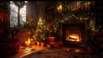 accogliente Natale cabina scena con il camino, albero e festivo foto