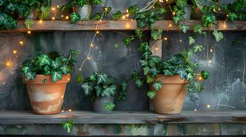 verdeggiante viti adornare un' rustico di legno mensola con scintillio luci nel un' accogliente interno ambientazione foto