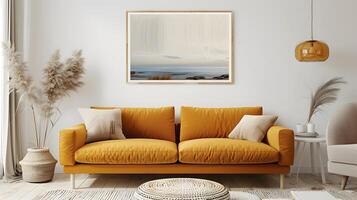 accogliente e invitante moderno vivente camera con mostarda giallo velluto divano e sereno natura opera d'arte foto