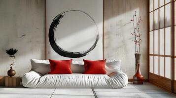 sereno e raffinato Camera da letto ritiro trasudante minimalista di ispirazione giapponese zen estetico foto