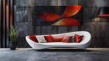 elegante e sofisticato moderno vivente camera con Impressionante rosso e nero Accenti e parete arredamento foto