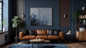 raffinato e accogliente moderno vivente camera interno con pelle divano, astratto arte pittura, e minimalista arredamento elementi foto