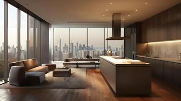 modernista piano aperto appartamento con panoramico città orizzonte visualizzazioni e elegante cucina design foto