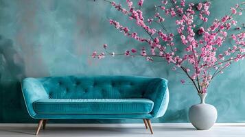 elegante trapuntata velluto divano con vivace primavera floreale mazzo nel moderno minimalista vivente camera foto