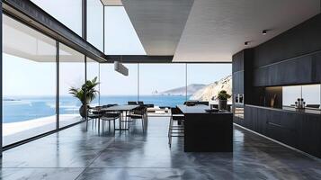 scintillante moderno cucina con panoramico oceano Visualizza nel lusso di fronte al mare residenza foto