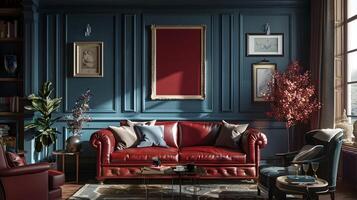 elegante tradizionalee moderno ibrido vivente camera con lussuoso rosso pelle divano e accogliente ambiance foto