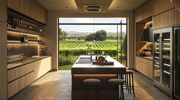 espansivo moderno cucina con panoramico vigneto paesaggio vista, offerta un' lussuoso e confortevole cucinando e cenare Esperienza foto