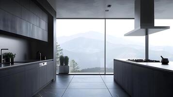 espansivo e elegante moderno cucina con panoramico montagna paesaggio Visualizza foto