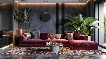 squisitamente progettato moderno vivente camera con felpa Borgogna sezionale divano, in vaso piante e travolgente opera d'arte Accenti foto
