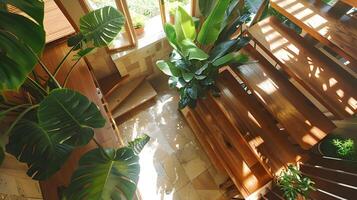 lussureggiante interno oasi nel illuminata dal sole di legno ritiro con tropicale verdura e tranquillo, calmo ambiance foto