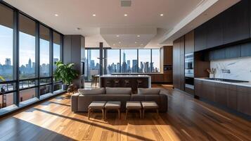 lussuoso moderno appartamento con radicale città visualizzazioni e elegante interno design foto