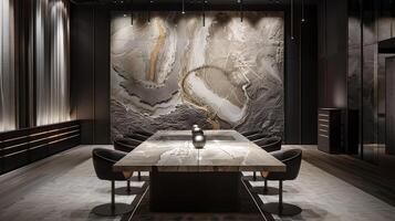 elegante e sofisticato rivestito di marmo cenare camera con minimalista illuminazione infisso e sedie foto