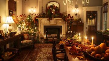 accogliente Natale camino arredamento con festivo ornamenti e di stagione Accenti nel caldo casa interno foto