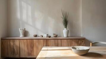 accogliente e minimalista interno con di legno mobilia e piante d'appartamento foto