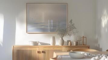 con stile disposte di legno arredamento trasudante un' tranquillo e armonioso estetico nel un' moderno casa interno foto